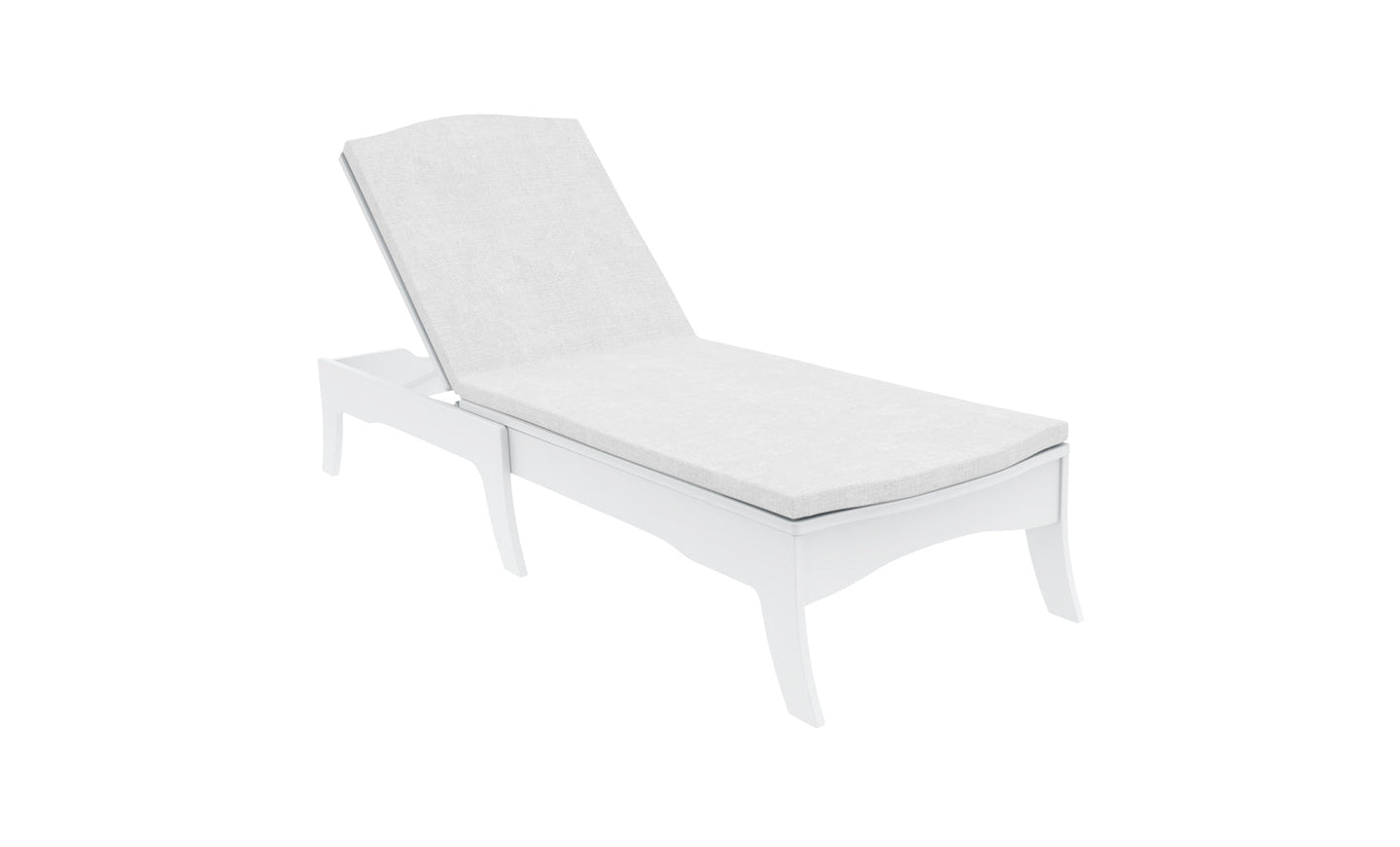 A white lounge chair with a sleek, modern design featuring smooth curves and an adjustable backrest, enhanced by the Ledge Lounger Legacy Chaise Cushion. Crafted for customization with durable outdoor fabric, it offers lasting elegance against a white background.