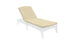 A beige cushioned outdoor lounge chair with an adjustable backrest, featuring the Ledge Lounger Legacy Chaise Cushion made from durable outdoor fabric, on a white frame, isolated on a white background.