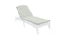 The Ledge Lounger Legacy Chaise Lounge features a gray upholstered cushion on a white wooden frame against a white background. It offers a reclining backrest and long cushion for comfort, with customizable outdoor fabric options.