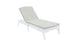 The Ledge Lounger Legacy Chaise Lounge features a gray upholstered cushion on a white wooden frame against a white background. It offers a reclining backrest and long cushion for comfort, with customizable outdoor fabric options.
