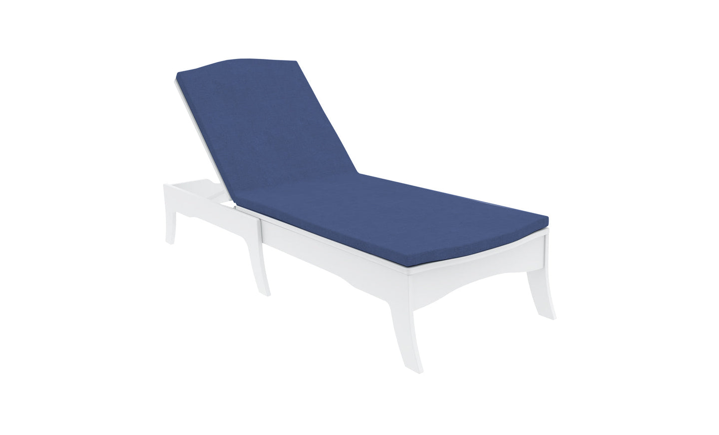 A Ledge Lounger white outdoor lounge chair includes a blue Legacy Chaise Cushion, crafted from durable fabric with an adjustable backrest, displayed on a plain white background.