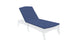 A Ledge Lounger white outdoor lounge chair includes a blue Legacy Chaise Cushion, crafted from durable fabric with an adjustable backrest, displayed on a plain white background.