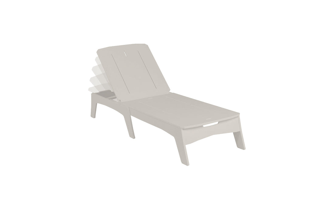 The Ledge Lounger Mainstay Chaise is illustrated against a white backdrop, highlighting its beige adjustable lounge chair with multiple reclining positions. Its simple, modern design includes horizontal slats for a stylish and comfortable addition to any outdoor space.
