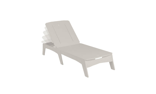 The Ledge Lounger Mainstay Chaise is illustrated against a white backdrop, highlighting its beige adjustable lounge chair with multiple reclining positions. Its simple, modern design includes horizontal slats for a stylish and comfortable addition to any outdoor space.