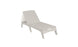 The Ledge Lounger Mainstay Chaise is illustrated against a white backdrop, highlighting its beige adjustable lounge chair with multiple reclining positions. Its simple, modern design includes horizontal slats for a stylish and comfortable addition to any outdoor space.