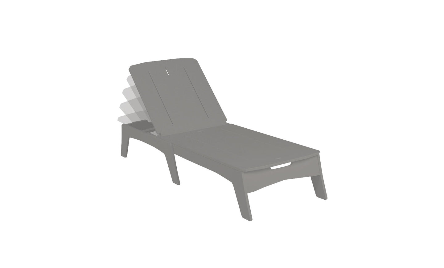 The Ledge Lounger Mainstay Chaise is a gray adjustable outdoor lounge chair with a slatted backrest and multiple reclining positions, ideal for garden or patio relaxation with its stylish, simple design and rectangular seat.