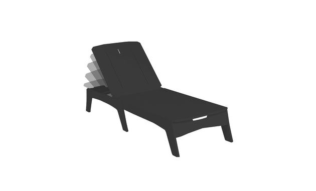 The Ledge Lounger Mainstay Chaise is a sleek, black, adjustable outdoor chair with multiple reclining positions, set against a crisp white background.