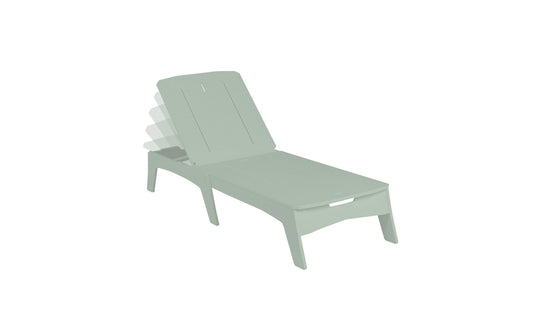 The Mainstay Chaise by Ledge Lounger is a green adjustable outdoor lounger with a slatted design and multiple reclining backrest positions, combining minimalist style and sturdy construction for perfect sun relaxation.