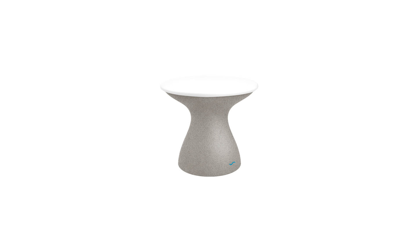 The Autograph Standard Side Table by Ledge Lounger is a small, modern outdoor side table with a sleek design, featuring a curved gray base and smooth white round top—ideal for stylish poolside storage.