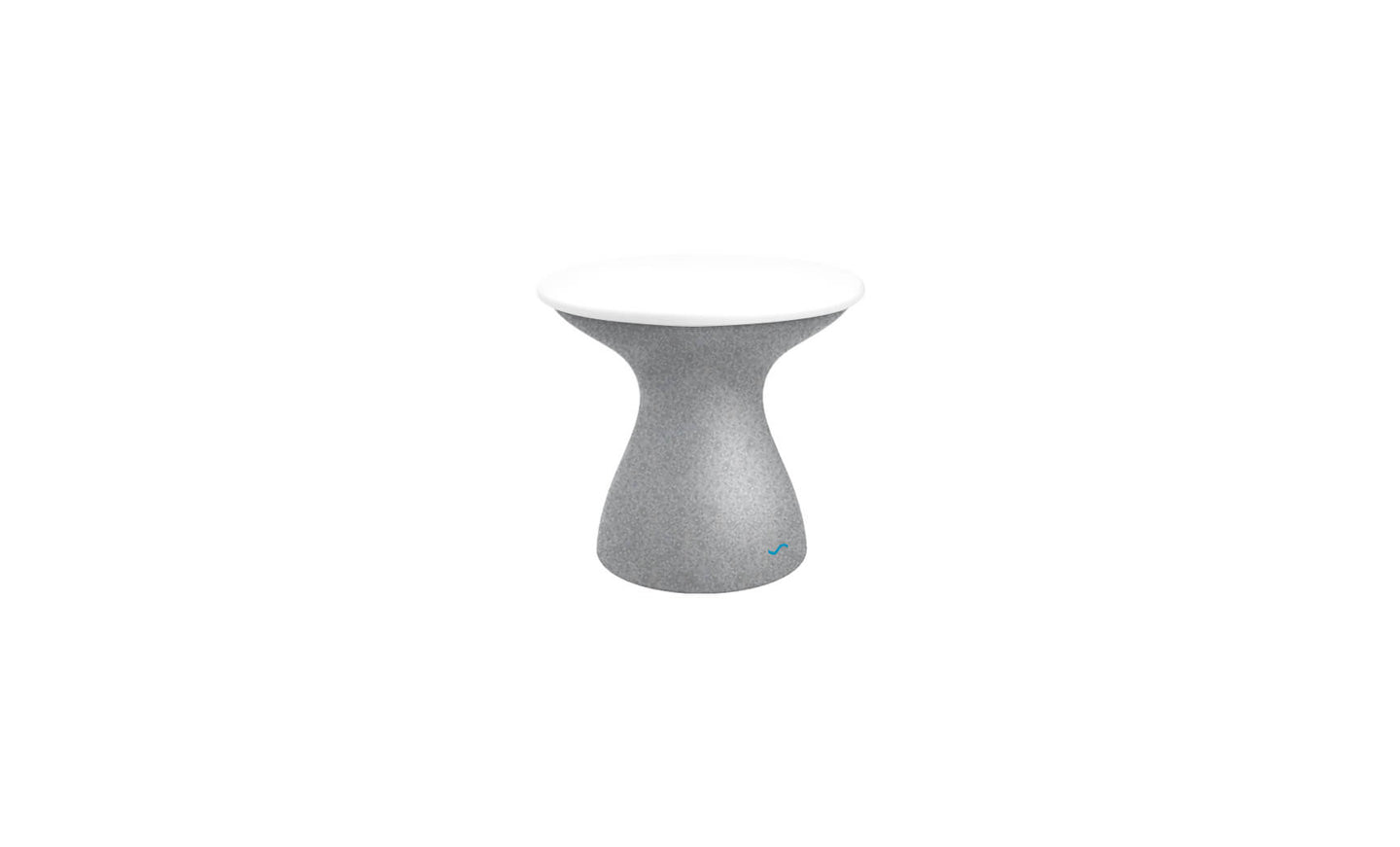 The Autograph Standard Side Table by Ledge Lounger, featuring a white top and gray textured hourglass-shaped base, serves as a sleek outdoor stool against a white background.