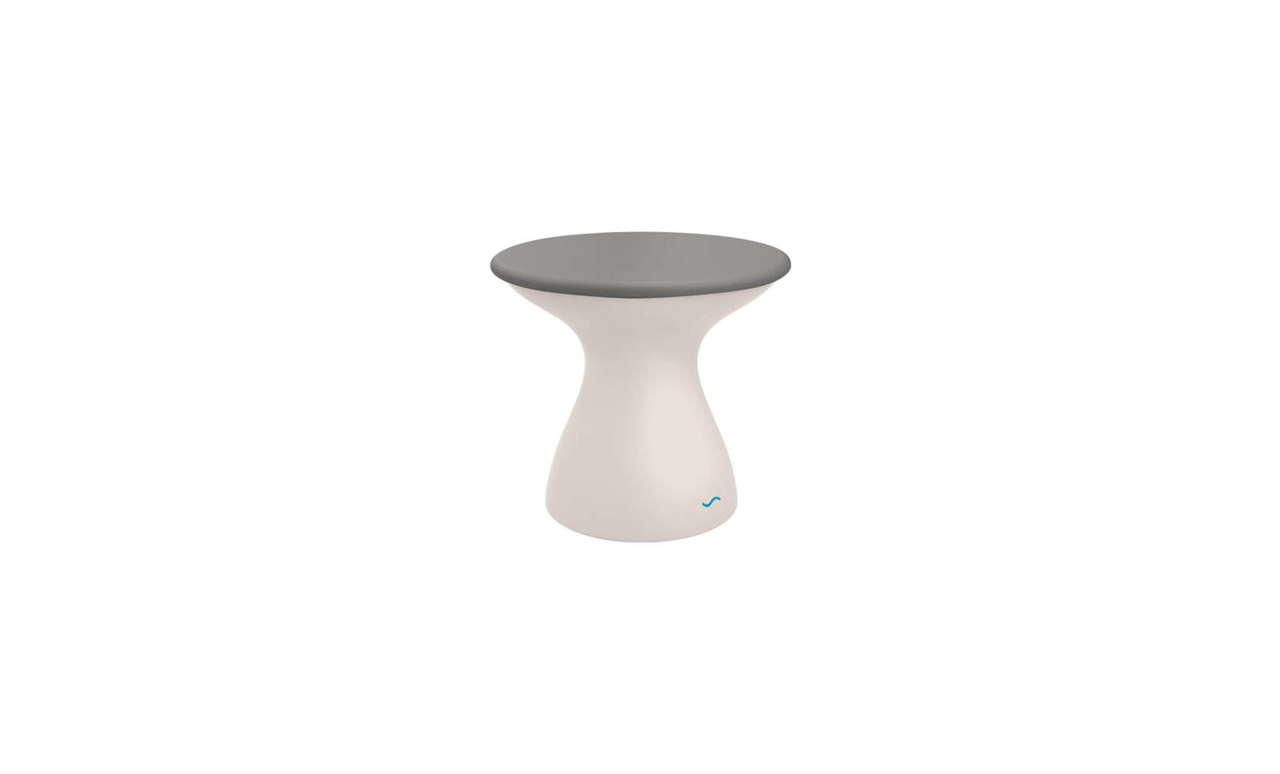 The Autograph Standard Side Table by Ledge Lounger is a small, modern stool with a gray flat top and white hourglass-shaped base, providing a sleek design that also functions as an outdoor side table.