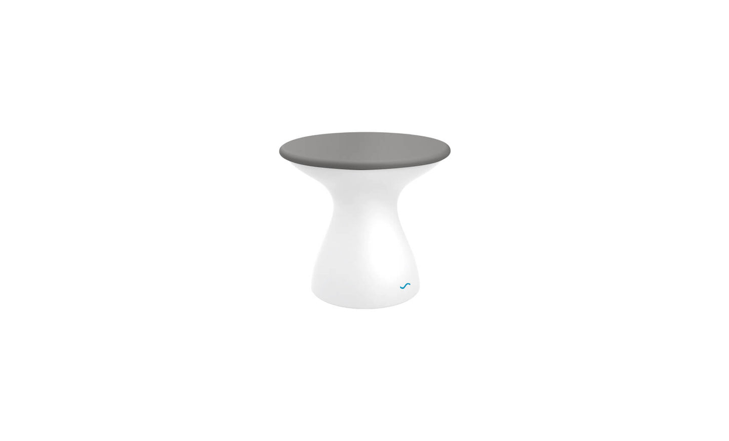 A modern, hourglass-shaped stool featuring a sleek gray top and glossy white base resembles the Autograph Standard Side Table by Ledge Lounger. Its minimalistic, contemporary design suits various interior styles.