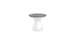 A modern, hourglass-shaped stool featuring a sleek gray top and glossy white base resembles the Autograph Standard Side Table by Ledge Lounger. Its minimalistic, contemporary design suits various interior styles.