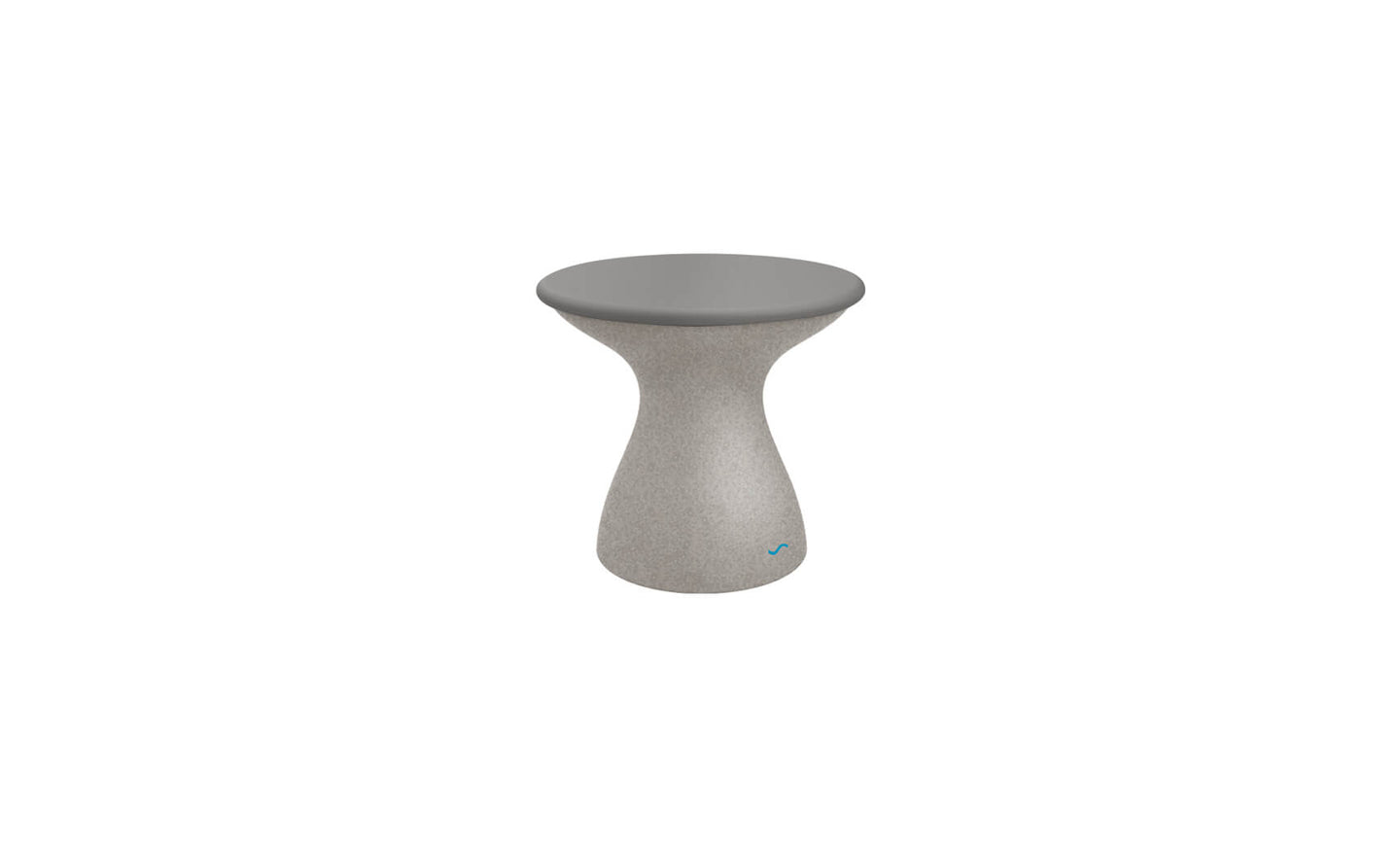 The Autograph Standard Side Table by Ledge Lounger features a small, modern round table with a sleek gray top and a smooth curved pedestal base. Its textured gray base complements the tabletop, making it perfect for stylish poolside storage.