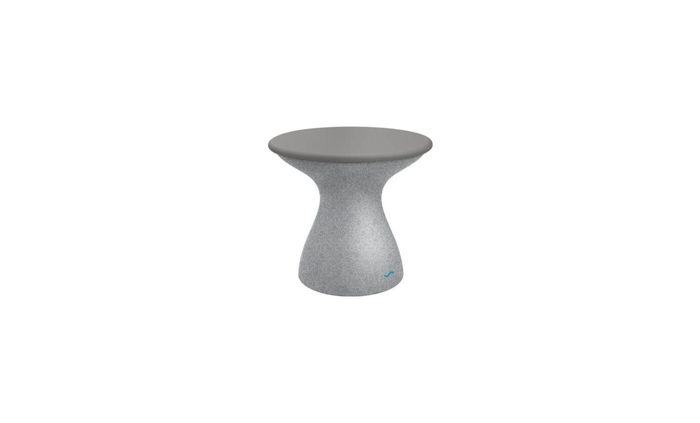 The Autograph Standard Side Table by Ledge Lounger is a sleek, hourglass-shaped gray stool with a rounded top and flared base. Its stylish design makes it perfect for outdoor use as a side table or poolside storage, featuring a subtle blue logo at the bottom for added flair.