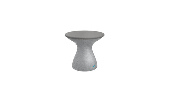 The Autograph Standard Side Table by Ledge Lounger is a sleek, hourglass-shaped gray stool with a rounded top and flared base. Its stylish design makes it perfect for outdoor use as a side table or poolside storage, featuring a subtle blue logo at the bottom for added flair.