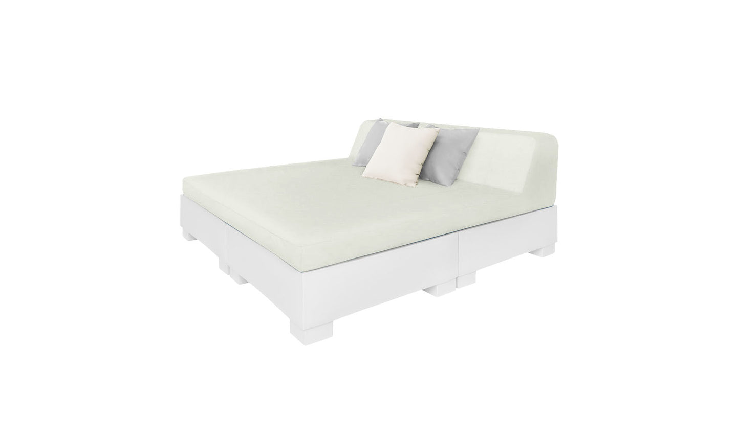 The Affinity Square Sunbed with Backrest Cushion by Ledge Lounger features a minimalist design, white base, light green mattress, simple headboard, and three pillows—two light-colored and one darker—perfect for creating an inviting poolside space.