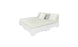 The Affinity Square Sunbed with Backrest Cushion by Ledge Lounger features a minimalist design, white base, light green mattress, simple headboard, and three pillows—two light-colored and one darker—perfect for creating an inviting poolside space.