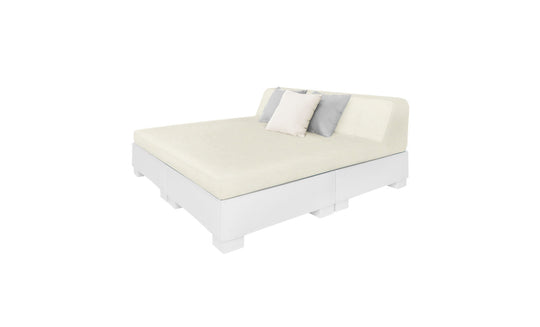 The Affinity Square Sunbed with Backrest Cushion by Ledge Lounger features a modern white minimalist design, ideal for indoor elegance or poolside relaxation. Its simple headboard comes with two decorative pillows in white and gray, enhancing any peaceful outdoor setting.