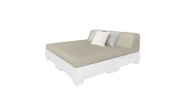 Introducing the Affinity Square Sunbed with Backrest Cushion by Ledge Lounger: a modern poolside bed featuring a gray mattress and backrest. Set on a white platform, it includes two cushions—one white and one light gray—against the backrest, all in a serene white setting.