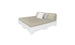 Introducing the Affinity Square Sunbed with Backrest Cushion by Ledge Lounger: a modern poolside bed featuring a gray mattress and backrest. Set on a white platform, it includes two cushions—one white and one light gray—against the backrest, all in a serene white setting.