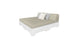 Introducing the Affinity Square Sunbed with Backrest Cushion by Ledge Lounger: a modern poolside bed featuring a gray mattress and backrest. Set on a white platform, it includes two cushions—one white and one light gray—against the backrest, all in a serene white setting.