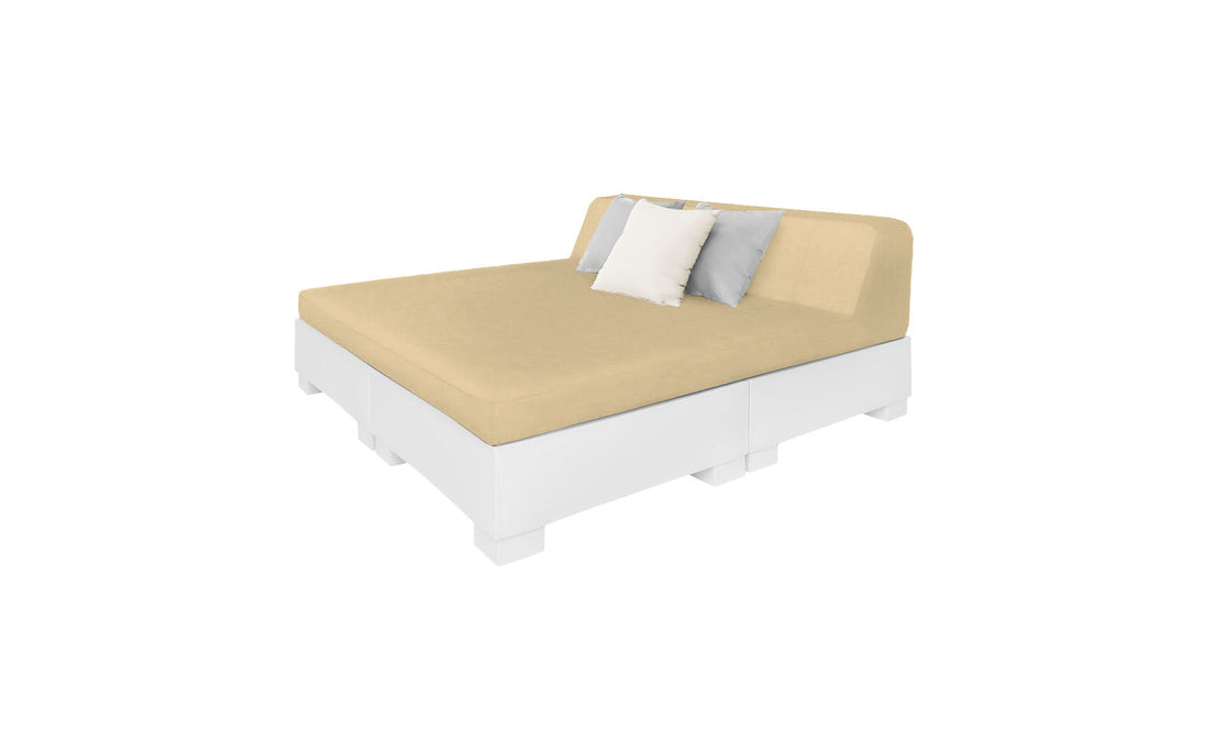 The Affinity Square Sunbed with Backrest Cushion by Ledge Lounger is perfect for poolside relaxation. Its white platform and beige mattress, complemented by one white and one gray decorative pillow, make it an elegant addition to any serene outdoor space against a plain white background.