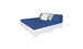 The Affinity Square Sunbed with Backrest Cushion by Ledge Lounger is a chic white platform with a blue mattress and three pillows—white, gray, and striped—set on a plain white background. Ideal for indoor or poolside use, it seamlessly combines style and comfort in any environment.