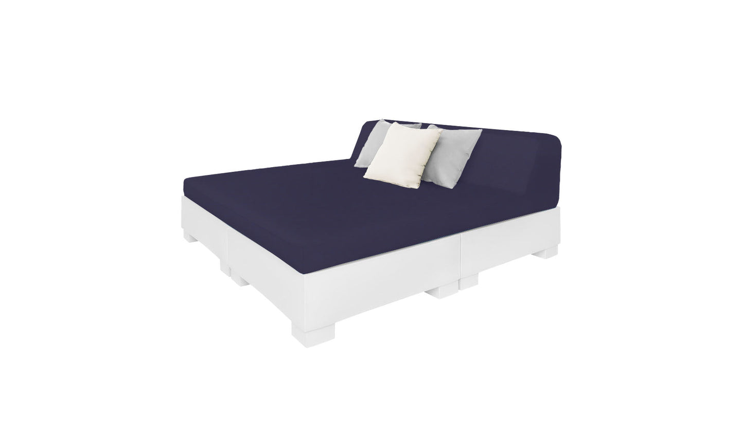 The Affinity Square Sunbed with Backrest Cushion by Ledge Lounger features a navy mattress and backrest on a white pallet-style frame, perfect for poolside relaxation. White and gray pillows add to its minimalist design, ideal for any outdoor space, with a plain white background enhancing its stylish simplicity.