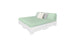 The Affinity Square Sunbed by Ledge Lounger boasts a minimalist design, featuring a pale green mattress with cream and gray pillows against a light-colored base and headboard. Ideal for poolside relaxation, its sleek look enhances any tranquil outdoor area.