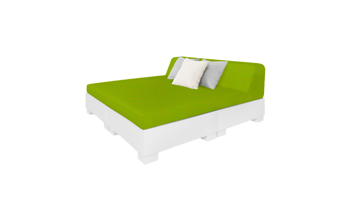 The Affinity Square Sunbed with Backrest Cushion by Ledge Lounger features a bright green mattress and matching backrest. With a white frame, two pillows (white and gray), it’s perfect for poolside relaxation and complements any outdoor space with its minimalist elegance.