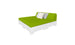 The Affinity Square Sunbed with Backrest Cushion by Ledge Lounger features a bright green mattress and matching backrest. With a white frame, two pillows (white and gray), it’s perfect for poolside relaxation and complements any outdoor space with its minimalist elegance.