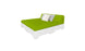 The Affinity Square Sunbed with Backrest Cushion by Ledge Lounger features a bright green mattress and matching backrest. With a white frame, two pillows (white and gray), it’s perfect for poolside relaxation and complements any outdoor space with its minimalist elegance.