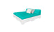 The Affinity Square Sunbed with Backrest Cushion by Ledge Lounger is a modern turquoise sofa bed featuring a white base, perfect for poolside relaxation. It comes with a square white cushion and a rectangular gray cushion, offering comfort and style on a clean white background for any outdoor space.