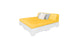 Introducing the Affinity Square Sunbed with Backrest Cushion by Ledge Lounger: featuring a vibrant yellow mattress and a white base with light gray and white throw pillows. Ideal for poolside relaxation, it elegantly transforms any outdoor setting into an inviting space.