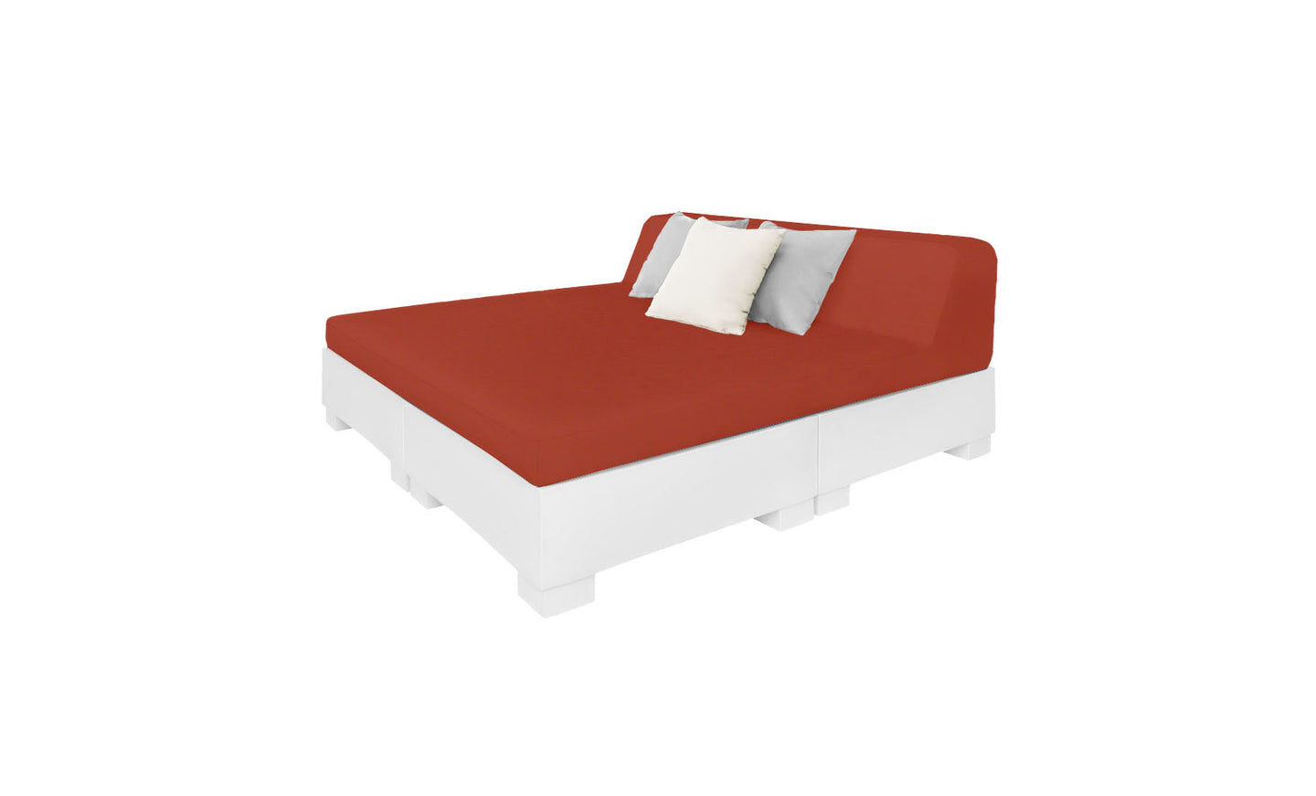 The Affinity Square Sunbed with Backrest Cushion by Ledge Lounger features a red mattress, complemented by a white and gray pillow, resting on a sleek white platform. This minimalist design enhances any outdoor space, perfect for poolside relaxation against a plain white backdrop.
