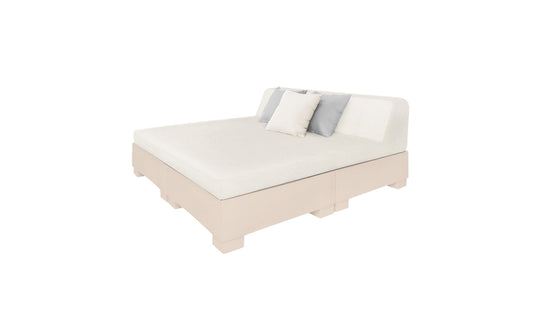 The Affinity Square Sunbed with Backrest Cushion from Ledge Lounger features a contemporary low-profile beige fabric base and headboard. Its minimalist design includes a white mattress and two decorative pillows in white and gray, ideal for poolside relaxation or enhancing your outdoor space.