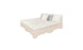 The Affinity Square Sunbed with Backrest Cushion from Ledge Lounger features a contemporary low-profile beige fabric base and headboard. Its minimalist design includes a white mattress and two decorative pillows in white and gray, ideal for poolside relaxation or enhancing your outdoor space.