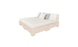 The Affinity Square Sunbed with Backrest Cushion from Ledge Lounger features a contemporary low-profile beige fabric base and headboard. Its minimalist design includes a white mattress and two decorative pillows in white and gray, ideal for poolside relaxation or enhancing your outdoor space.