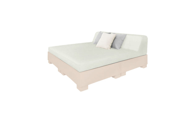 The Ledge Lounger Affinity Square Sunbed with Backrest Cushion features a minimalist design, light mattress, and two pillows, perfect for poolside relaxation. Its modern look includes a low-profile frame and simple headboard, ideal for any outdoor space against a crisp white backdrop.