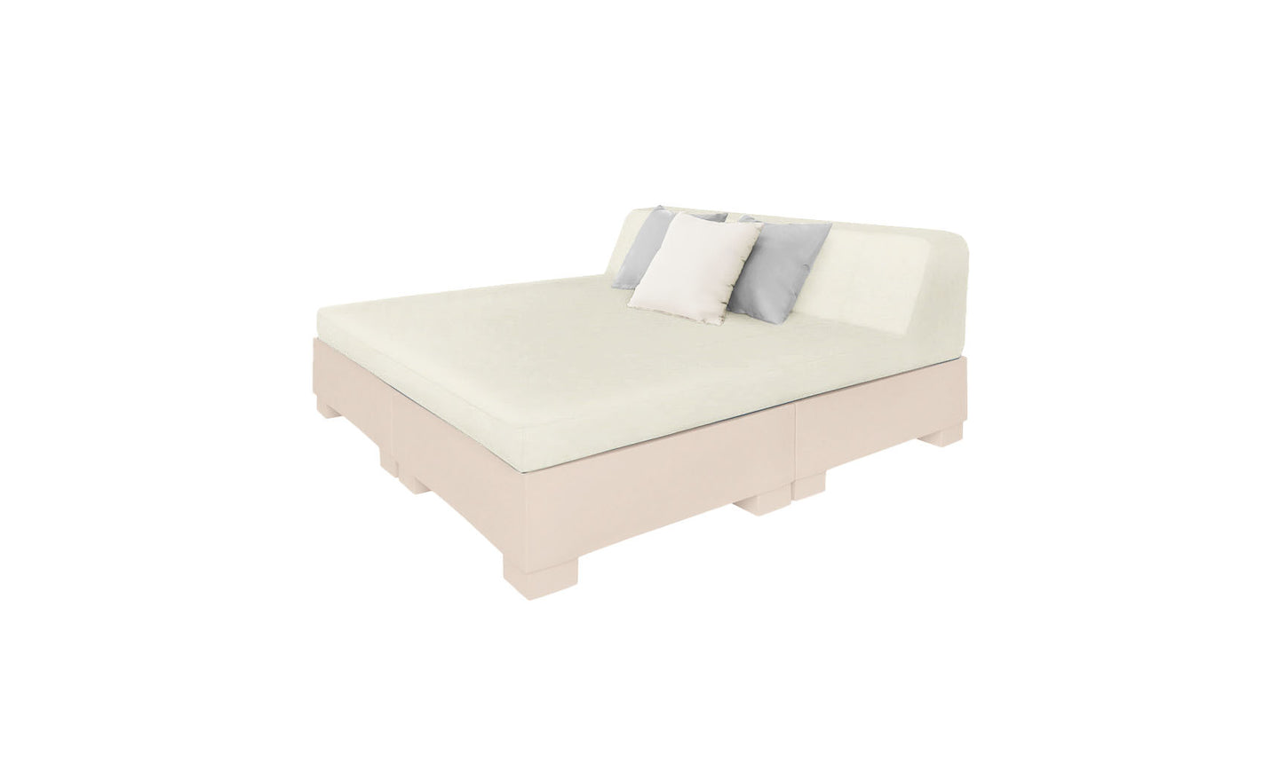 Discover the Ledge Lounger Affinity Square Sunbed with Backrest Cushion, featuring a minimalist beige design perfect for poolside relaxation. It includes three decorative white and gray pillows against a serene white backdrop to enhance your outdoor space.