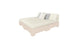 Discover the Ledge Lounger Affinity Square Sunbed with Backrest Cushion, featuring a minimalist beige design perfect for poolside relaxation. It includes three decorative white and gray pillows against a serene white backdrop to enhance your outdoor space.