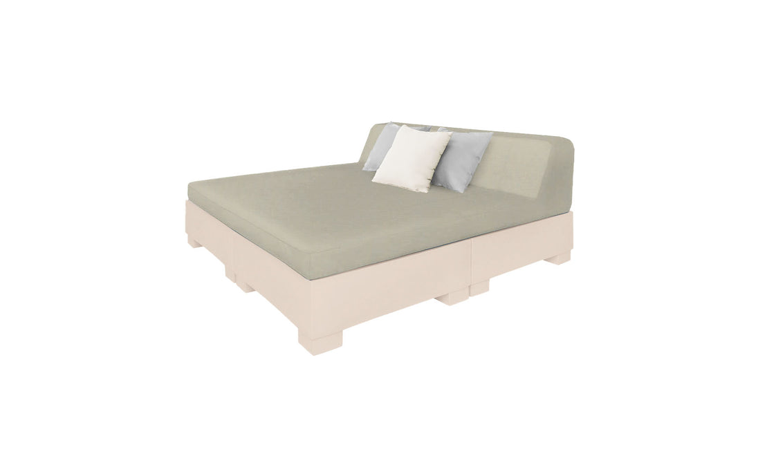 The Ledge Lounger Affinity Square Sunbed boasts a modern minimalist design with a light gray cushion and backrest on a pale wooden base, complemented by two gray and one white throw pillows. Perfect for outdoor relaxation, it sits against a plain white background, ideal for poolside lounging.