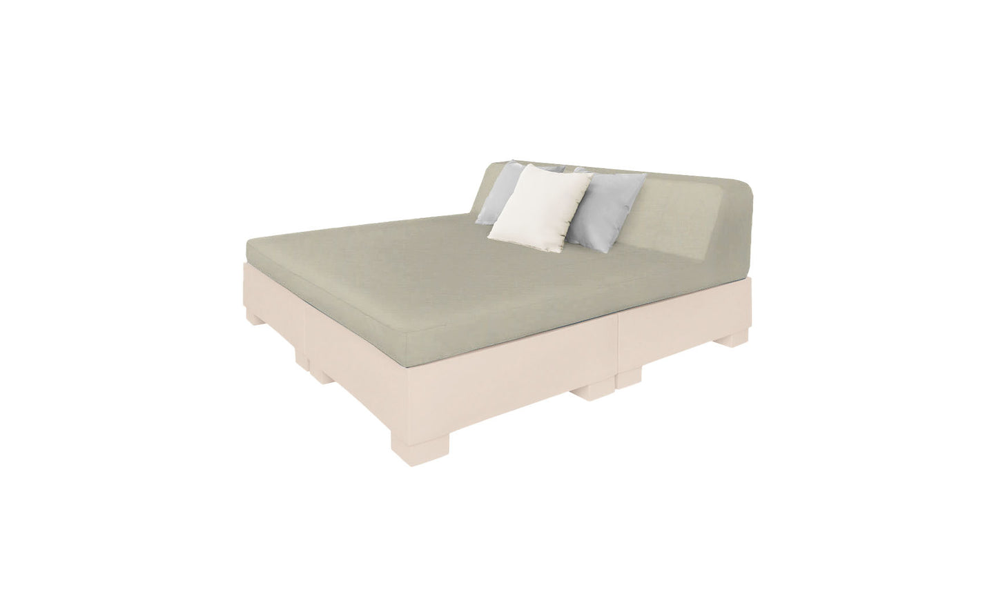 The Ledge Lounger Affinity Square Sunbed boasts a modern minimalist design with a light gray cushion and backrest on a pale wooden base, complemented by two gray and one white throw pillows. Perfect for outdoor relaxation, it sits against a plain white background, ideal for poolside lounging.
