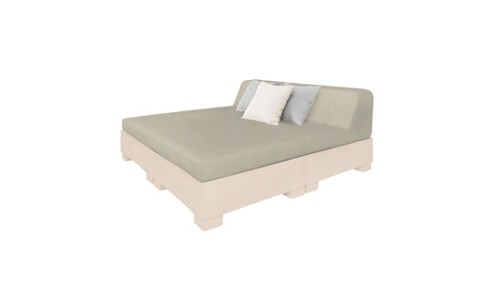 The Ledge Lounger Affinity Square Sunbed boasts a modern minimalist design with a light gray cushion and backrest on a pale wooden base, complemented by two gray and one white throw pillows. Perfect for outdoor relaxation, it sits against a plain white background, ideal for poolside lounging.