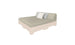 The Ledge Lounger Affinity Square Sunbed boasts a modern minimalist design with a light gray cushion and backrest on a pale wooden base, complemented by two gray and one white throw pillows. Perfect for outdoor relaxation, it sits against a plain white background, ideal for poolside lounging.