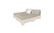 The Ledge Lounger Affinity Square Sunbed boasts a modern minimalist design with a light gray cushion and backrest on a pale wooden base, complemented by two gray and one white throw pillows. Perfect for outdoor relaxation, it sits against a plain white background, ideal for poolside lounging.