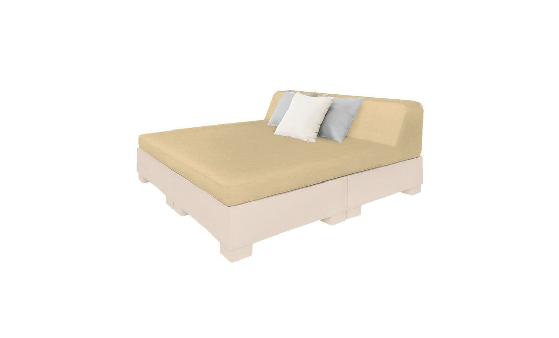 The Affinity Square Sunbed with Backrest Cushion by Ledge Lounger is a beige platform bed ideal for poolside relaxation. It features a cushioned backrest, minimalistic design, and includes two gray and two white throw pillows against a crisp white background—perfect for any outdoor space.