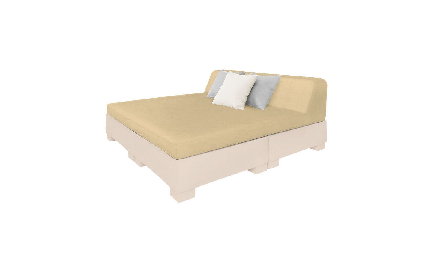 The Affinity Square Sunbed with Backrest Cushion by Ledge Lounger is a beige platform bed ideal for poolside relaxation. It features a cushioned backrest, minimalistic design, and includes two gray and two white throw pillows against a crisp white background—perfect for any outdoor space.
