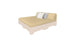 The Affinity Square Sunbed with Backrest Cushion by Ledge Lounger is a beige platform bed ideal for poolside relaxation. It features a cushioned backrest, minimalistic design, and includes two gray and two white throw pillows against a crisp white background—perfect for any outdoor space.